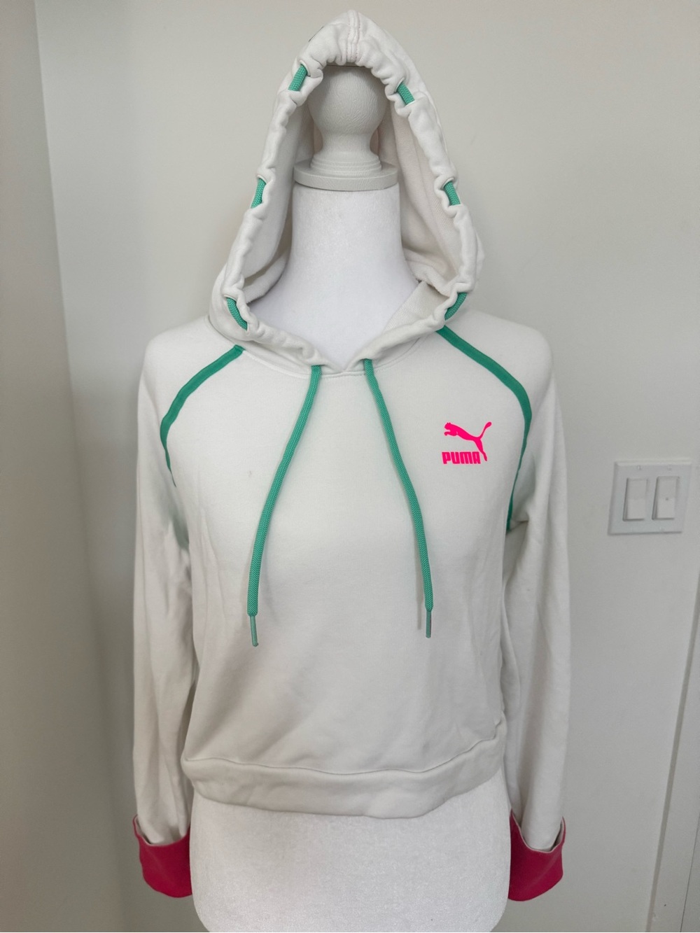 Puma White Hoodie with Teal Trim and Pink Logo